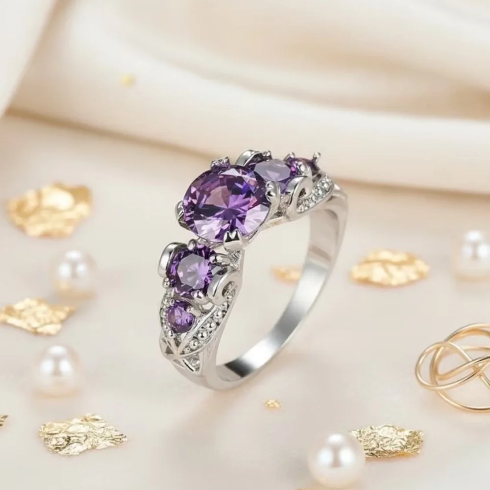 Elegant Purple Amethyst CZ Moissanite Silver Engagement Band Ring - Size 7 or 8